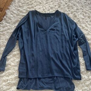 White House Black Market Navy Silk V-Neck Long Sleeve Top